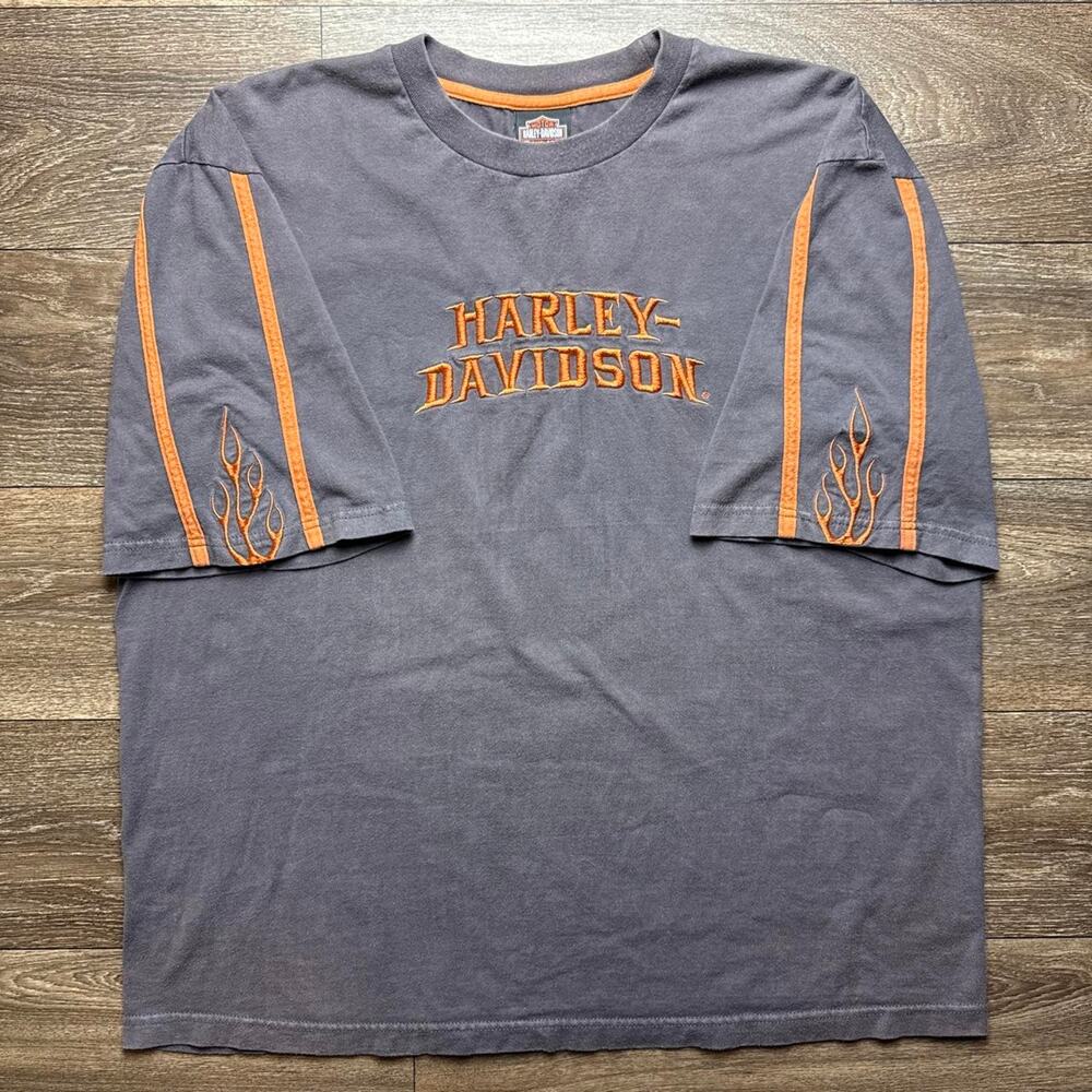 Y2K Harley Davidson Sun Faded Dark Grey & Orange Flame Graphic Embroidery Tee